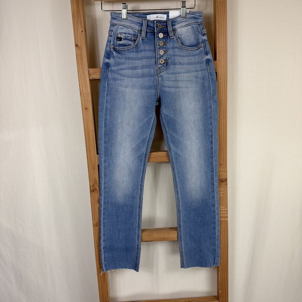 NWT KanCan Blue Button Up Fly Raw Hem Straight Leg Jeans #1388 Size 24